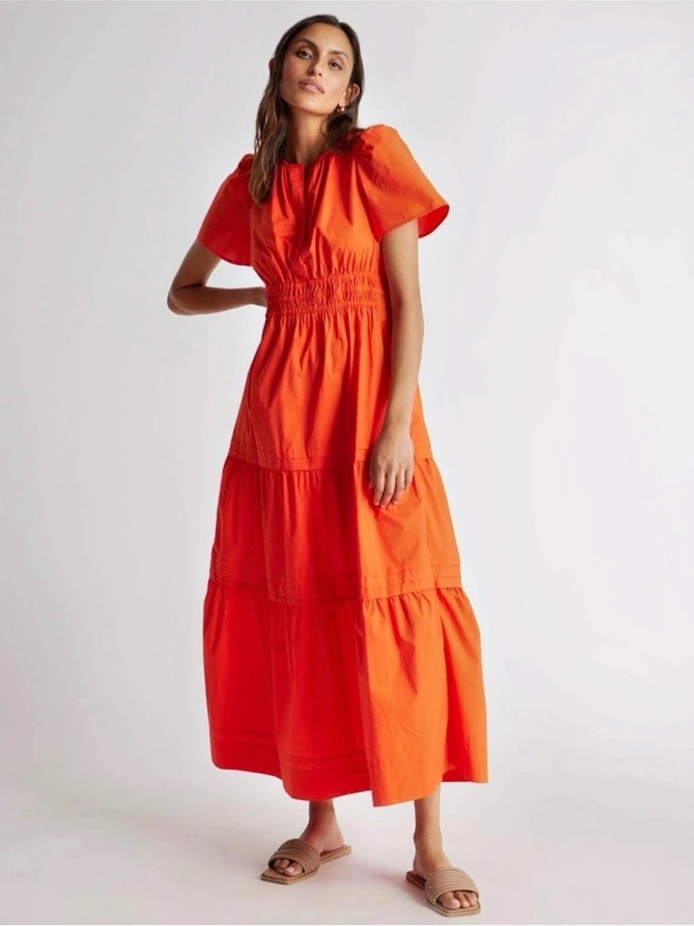 Quince 100% Organic Cotton Poplin Tiered Maxi Dress Orange Medium